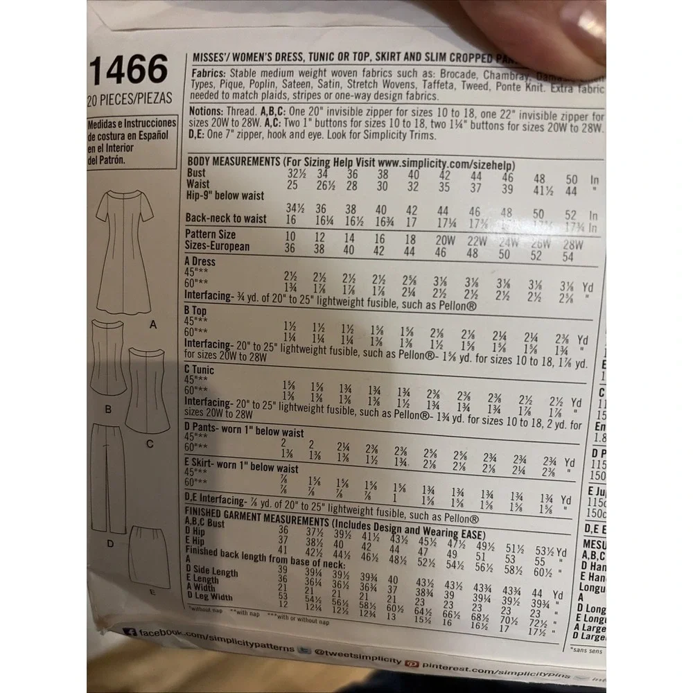 Simplicity Threads Outfit Sewing Pattern 1466 Size 20W-28W Uncut Dress Pants Top